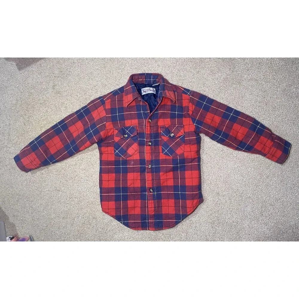 Vintage Royal Knight Kids Red Plaid Quilted Lined Flannel Shirt Jacket Size 8